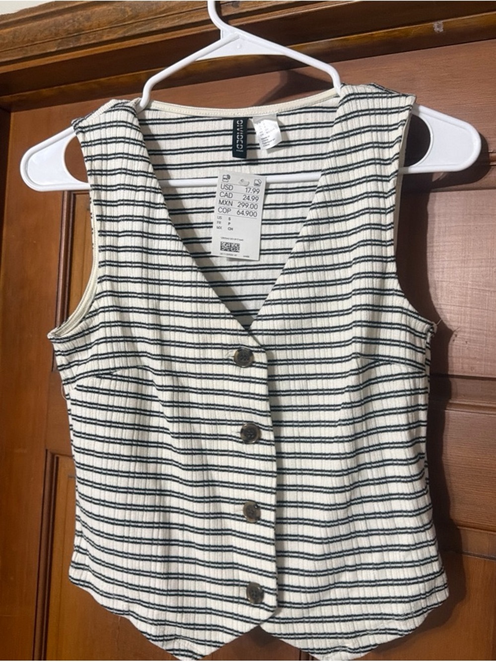 H&M Cream and Black Striped V-Neck Button Crop Top